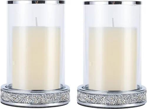 Miniatura 9 de Juego de 2 portavelas de pilar, portavelas de huracán, portavelas con tapa de cristal para huracán, portavelas de metal para mesa de comedor
