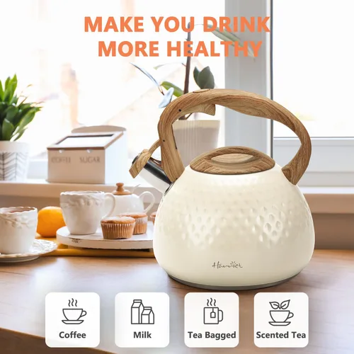 Miniatura 5 de Tetera de Harriet para estufa, tetera de 2.5QT con silbato de 5 capas en la parte inferior, tetera de acero inoxidable de grado alimenticio