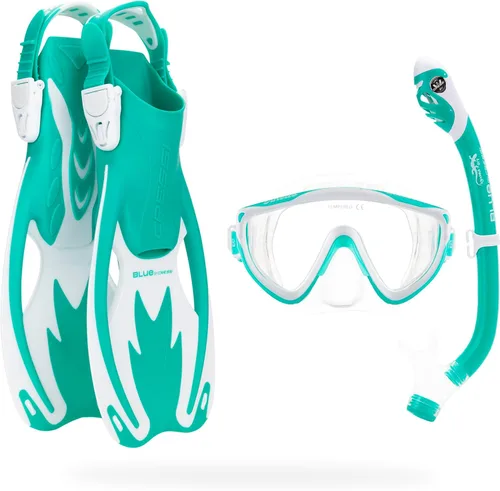 Miniatura 6 de Cressi Conjunto de Snorkel para Niños - Aletas Cortas Ajustables, Máscara de Silicona y Snorkel Seco - Conjunto Seco Tinetto Rocks - Diseñado