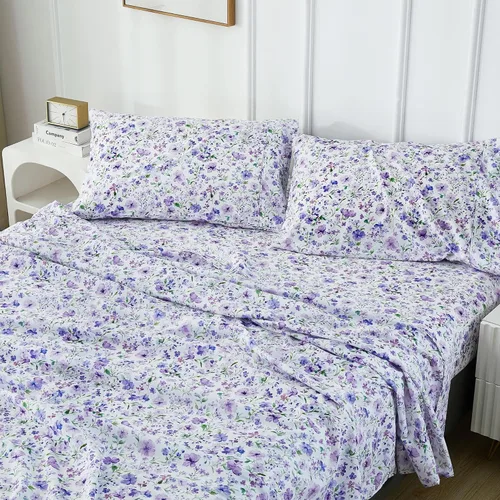Miniatura 90 de Viviland Juego de sábanas de 3 piezas con estampado botánico de mariposas y flores rosas y moradas, sábanas de microfibra suave y transpirable