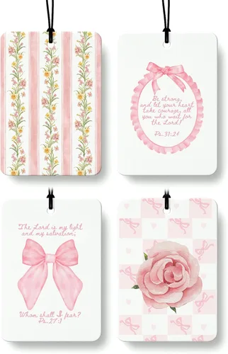 Ambientador de Aire de Coche de Colonia Cristiana Floral Rosa 4 Piezas, Coquette Preppy Lazo Rosa Flor Colgante Ambientador de Aire para Coches Baño