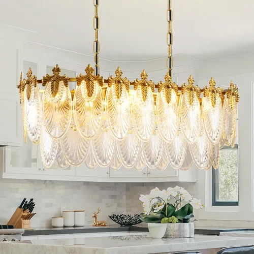 Miniatura 10 de Antique Chandeliers 2-Layer Gold Crystal Glass Chandelier, 4-Light Round Pendant Light 17.7" Brushed Brass Adjustable Height, Applicable to Dining