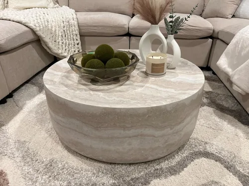 Miniatura 3 de JUSTONE Mesa de Centro Redonda para Sala de Estar, Mesa de Acento Moderna de 31.5 Pulgadas con Acabado de Piedra Artificial Beige Desgastado, Mesa