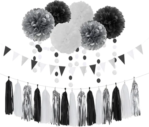 Serpentinas de decoración de fiesta de color negro y blanco y plateado, 23 pompones de tejido, guirnalda de borlas de cumpleaños para hombres y
