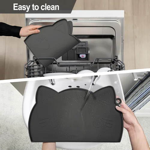 Miniatura 6 de Coomazy Tapete de comida para gatos, tapete de alimentación para perros más grueso para alimentos y agua, tapete de silicona antideslizante Negro