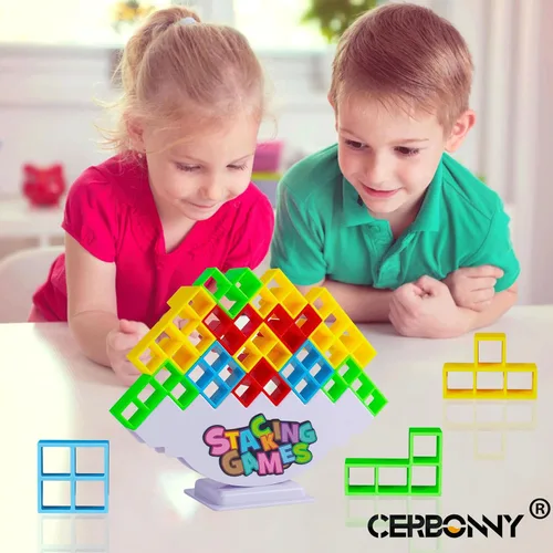 Miniatura 2 de CERBONNY Juego de 48 bloques apilables de torre Tetra, juegos de mesa para familias, fiestas, viajes y construcción de equipos, adecuado para 1-4