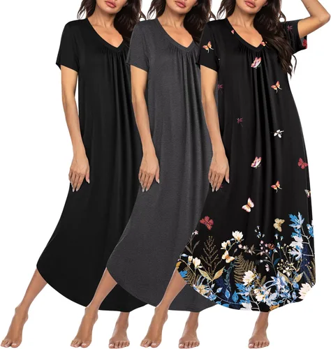 Miniatura 24 de Ekouaer Paquete de 3 camisones largos para mujer, talla grande, vestido de casa de manga corta, cuello en V, camisón casual, M-5XL
