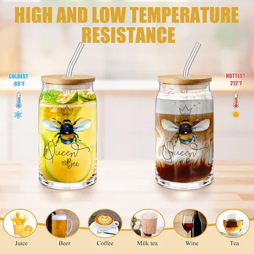 Miniatura 3 de Hushee 3 piezas de regalos temáticos de abeja, bolsa de maquillaje feliz y taza de vidrio con tapa, llavero de paja inspirador para graduación