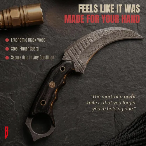 Miniatura 8 de BIGCAT ROAR Desert Fox - Cuchillo karambit de acero de Damasco hecho a mano de 7.5 pulgadas - Hoja fija curvada de espiga completa - Mango de madera