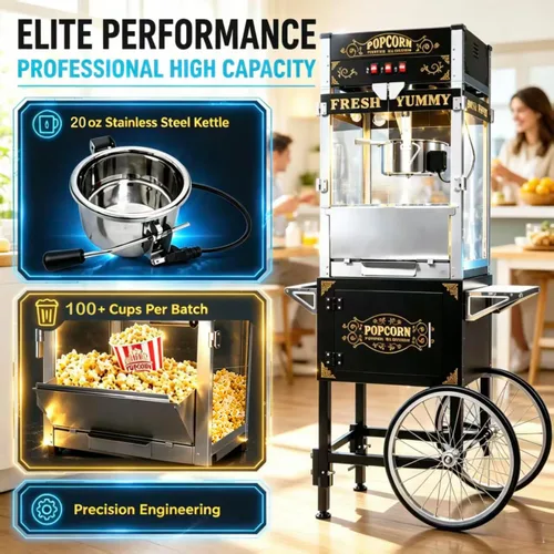 Miniatura 4 de 20 OZ Commercial Popcorn Machine with Cart - Stainless Steel Kettle Popper with Wheels, Warming Deck & Tempered Glass, for Business, School