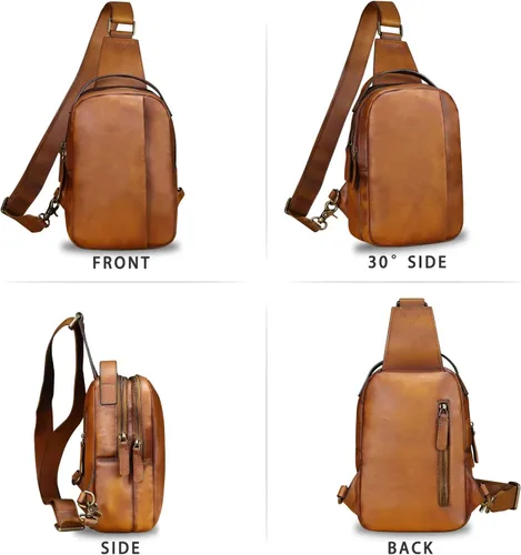 Miniatura 5 de LRTO Bolso de cuero genuino para hombres y mujeres, mochila bandolera de cuero real para el pecho, bolso cruzado, Marrón, Mochilas Sling
