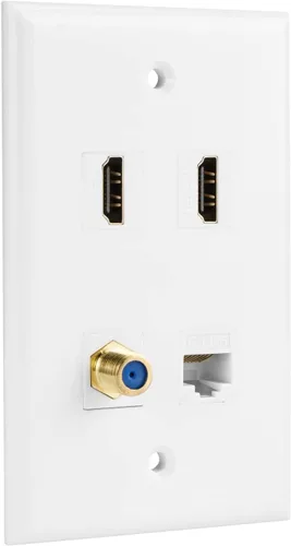 Placa de pared Ethernet coaxial HDMI, 1 puerto Cat 6 RJ45, 1 puerto de TV coaxial tipo F y placa de pared Keystone HDMI de 2 puertos