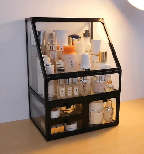 Miniatura 2 de MOOCHI Organizador de maquillaje cosmético de vidrio vintage negro con 3 cajones, juego de polvo impermeable para cosméticos, vitrina