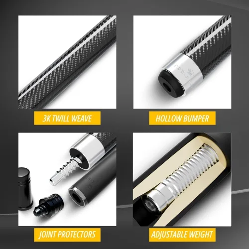 Miniatura 4 de Cue-King Taco de Billar de Fibra de Carbono de Grado Militar de 58” 18oz 2 Piezas con Punta Premium de 12.5mm Acabado en Fibra de Carbono Brillante
