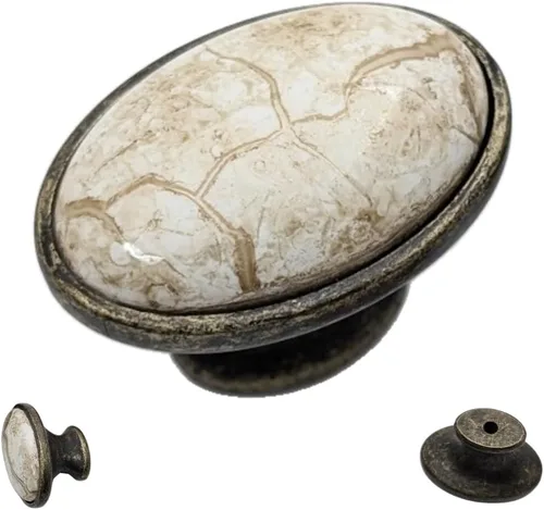 20 pomos ovalados de cerámica marrón de latón antiguo para gabinetes, cajones, aparadores, armarios, tocadores