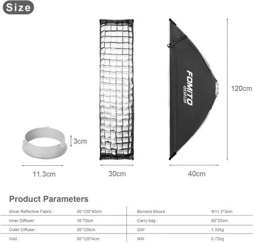 Miniatura 3 de FOMITO Caja de luz rectangular de liberación rápida de 11.8 x 47.2 pulgadas, caja de luz rectangular de montaje Bowens con rejilla de haz