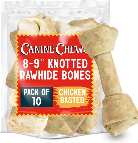 Canine Chews Hueso de cuero crudo extra grande de 8-9 pulgadas para perros grandes, masticadores agresivos, paquete de 10 (sabor a pollo)