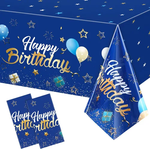 Tegeme Manteles de feliz cumpleaños con diseño de estrellas y confeti estrellado para niños y niñas, decoración de fiesta de cumpleaños (azul marino