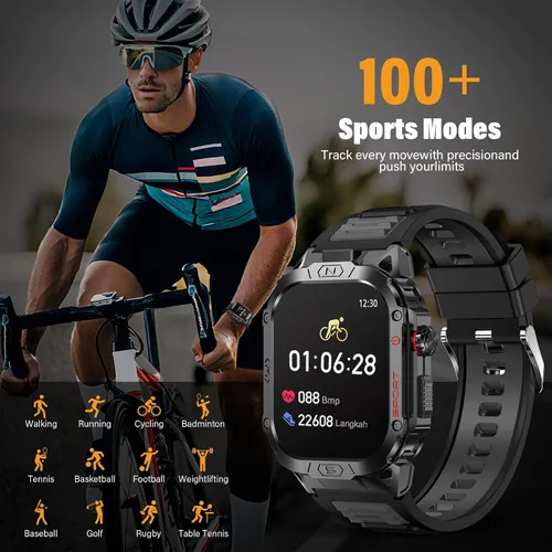 Miniatura 3 de Reloj inteligente militar para hombre, reloj inteligente deportivo al aire libre de 2.02 pulgadas con linterna, frecuencia cardíaca, oxígeno y Negro
