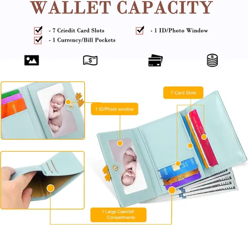 Miniatura 23 de CONISY Lindas carteras para mujer, de cuero con bloqueo RFID, pequeña cartera triple con ventana de identificación para niñas y mujeres