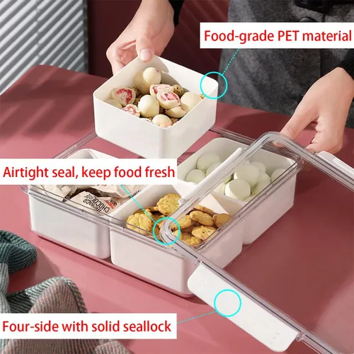 Miniatura 4 de Paquete de 2 bandejas divididas para verduras con tapa, caja para aperitivos, contenedor para servir ensaladas con 4 cajas extraíbles, apilables