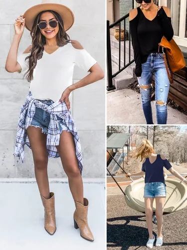 Miniatura 5 de Elesomo Camisetas básicas de verano de manga corta y larga con cuello en V para mujer