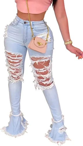 Pantalones rotos acampanados para mujer con cintura elástica y dobladillo deshilachado