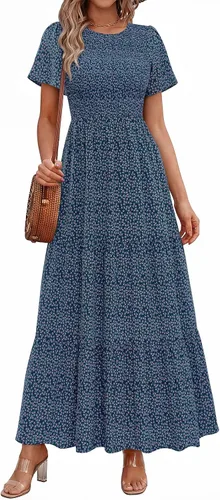 Miniatura 14 de PRETTYGARDEN - Vestido largo casual de verano para mujer, manga corta acampanada, bohemio, floral, cuello redondo, vestido blusón, escalonado