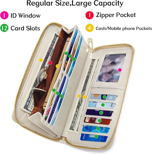 Miniatura 3 de Badiya Cartera para mujer con bloqueo RFID de cuero con cremallera de gran capacidad para tarjetas de crédito bolso largo Blanco