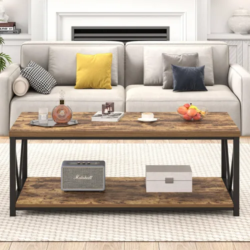Miniatura 7 de EXCEFUR Mesa de centro moderna, mesa de sala de estar de madera rústica y metal con estante de almacenamiento, mesa central rectangular industrial