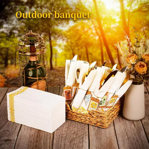 Miniatura 6 de KAMMAK Servilletas de papel para cena blancas con bolsillo, desechables, paquete de 100 unidades, con ribete amarillo, sensación de lino
