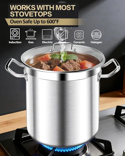 Miniatura 5 de STOCKPOT Olla de acero inoxidable de 20 cuartos de galón con tapa de vidrio templado, base de 3 capas, 8.8 libras, acabado pulido, adecuada