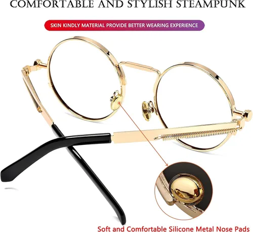 Miniatura 4 de AIEYEZO Gafas de sol redondas Steampunk con montura de metal gótico 100 bloqueo UV