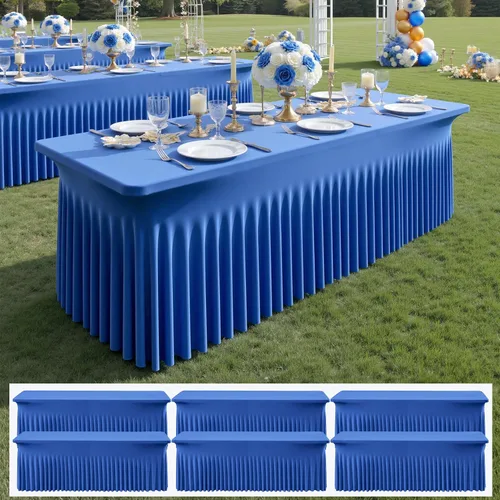 Miniatura 31 de Paquete de 2 manteles de elastano azul bebé de 6 pies con falda de mesa con volantes, manteles ajustables elásticos sin arrugas para mesas