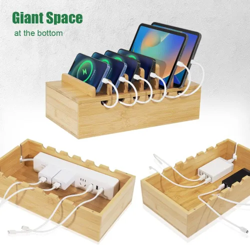 Miniatura 5 de Estación de carga de bambú para múltiples dispositivos, organizador de estaciones de acoplamiento de escritorio compatible con dispositivos iPhone