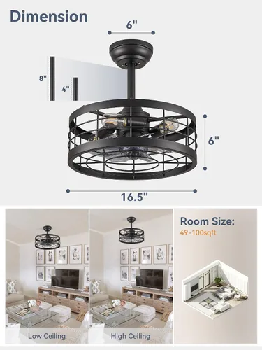 Miniatura 6 de LEDIARY - Ventilador de techo 16.5 pulgadas con jaula y luz, diseño industrial, estilo granja, para cocina, dormitorio, exterior, control remoto, 6