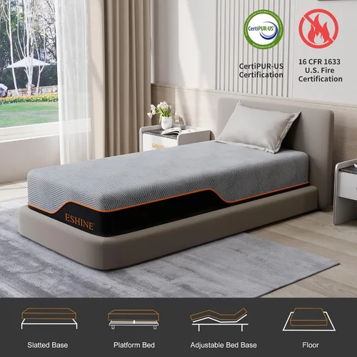 Miniatura 3 de ESHINE Colchón Twin XL de 14 pulgadas, espuma viscoelástica de gel refrescante fabricada en Estados Unidos, infusionado con té verde para alivio