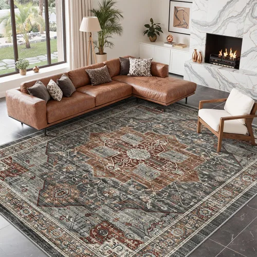 Roxstand Alfombras de 2,44 x 3,05 m para sala de estar, alfombra vintage lavable con respaldo antideslizante, alfombra grande resistente a manchas