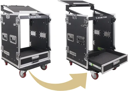Miniatura 6 de Sound Town 14U PA DJ Caja de rack/ruta ATA para audio profesional con cajón de 2U, parte superior inclinada de mezclador de 11U, mesa de trabajo