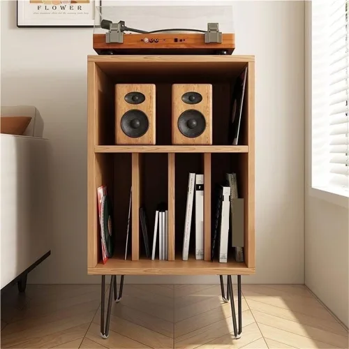 Miniatura 10 de Soporte para tocadiscos de madera, mesa de tocadiscos de gran capacidad, gabinete de almacenamiento abierto para medios, adecuado para sala