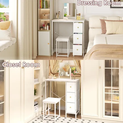Miniatura 12 de Escritorio pequeño de 27.5 pulgadas con espejo y silla, juego de tocador de maquillaje compacto con silla, tocador pequeño con 3 cajones de tela