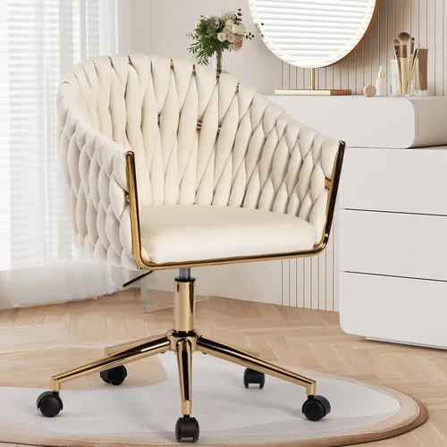 Silla de Oficina de Terciopelo Tejida a Mano, Sillas de Escritorio de Tocador Beige con Ruedas Doradas, Silla Giratoria de 360° para Oficina en