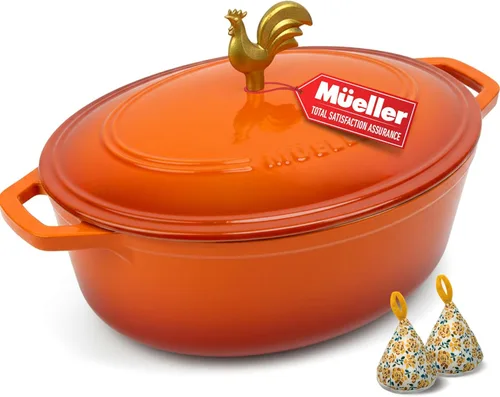 Miniatura 13 de MÜELLERHOME Horno holandés de hierro fundido esmaltado, 6 cuartos de galón, resistente, cazuela con tapa y perilla de acero inoxidable, para todas
