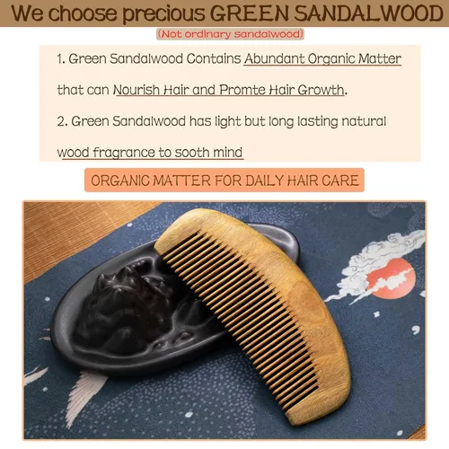 Miniatura 5 de Peine de madera para cabello y barba, peine de madera para masaje del cuero cabelludo y distribución de aceites, sándalo verde