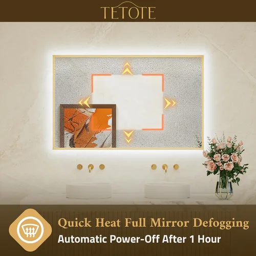 Miniatura 3 de TETOTE Espejo de baño retroiluminado de 30 x 36 pulgadas, marco de metal dorado cepillado, luz LED, 3 colores, blanco/cálido/natural, sin escalones