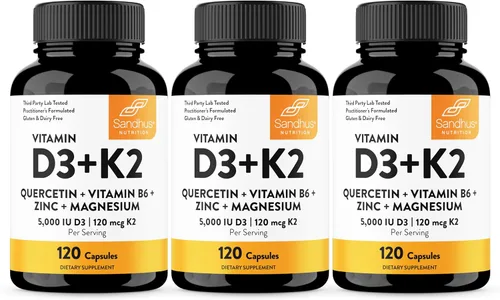Miniatura 15 de Sandhu's Vitamina D3 K2 Magnesio 10000 IU, 120mcg K2 Cápsulas 60 unidades (paquete de 1) con VIT B6, zinc y quercetina D3K2 apoya la absorción