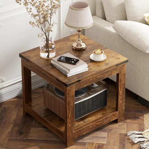 Miniatura 7 de Homieasy Mesa auxiliar, mesa auxiliar cuadrada de 20 x 20 pulgadas para sala de estar, mesa decorativa grande de madera con estante de Roble gris