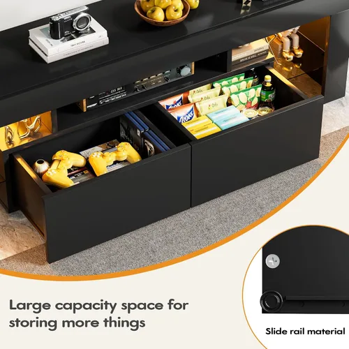 Miniatura 7 de YESHOMY Soporte de TV LED moderno negro para televisores de hasta 70 pulgadas con estantes de vidrio y cajón, centro de entretenimiento