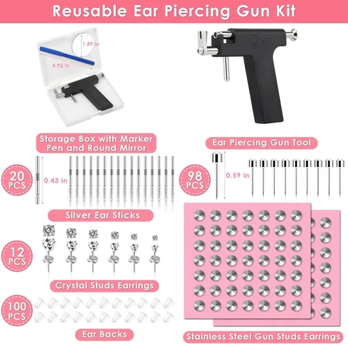 Miniatura 4 de Kit Profesional de Pistola para Perforación de Orejas, Pistola de Perforación Reutilizable con Aretes de Acero Inoxidable para Perforación, Aretes