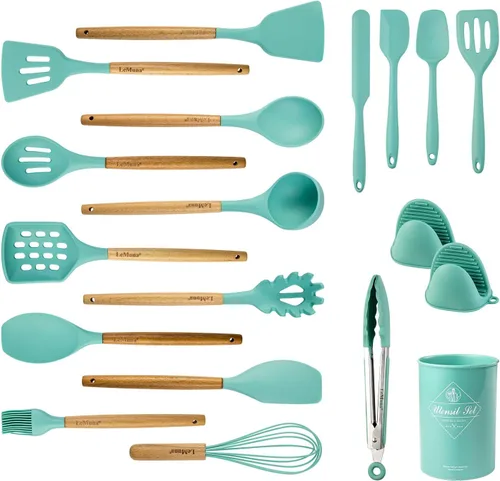 Juego de utensilios de cocina, 18 utensilios de silicona de cocina, resistentes al calor, no tóxicos y sin BPA, con soporte y mango de madera,